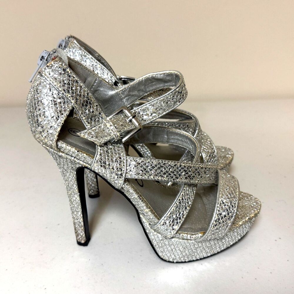 Silver Glitter Strappy Platform Shoe Women 6 Heel Sandal Silver 4" Sparkle Party